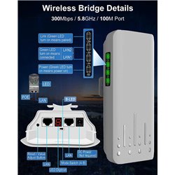 Wireless Bridge,5.8G 100Mkbps Outdoor CPE Network Extender, Point to Point PTP/PTMP Plug & Play 2KM WiFi Extender Access Point