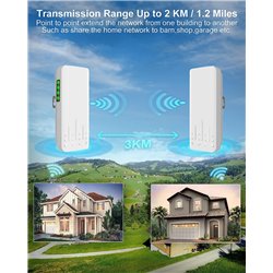 Wireless Bridge,5.8G 100Mkbps Outdoor CPE Network Extender, Point to Point PTP/PTMP Plug & Play 2KM WiFi Extender Access Point