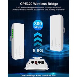 Wireless Bridge,5.8G 100Mkbps Outdoor CPE Network Extender, Point to Point PTP/PTMP Plug & Play 2KM WiFi Extender Access Point