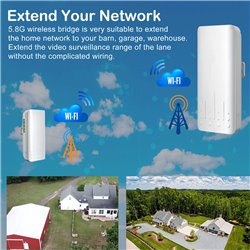 Wireless Bridge,5.8G 100Mkbps Outdoor CPE Network Extender, Point to Point PTP/PTMP Plug & Play 2KM WiFi Extender Access Point