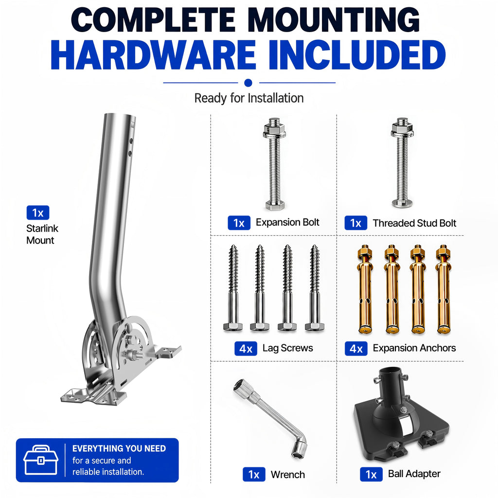 Starlink Mini Wall Mount – 265 mm Stainless Steel Pole with Black Multi-Angle Ball Joint Adapter