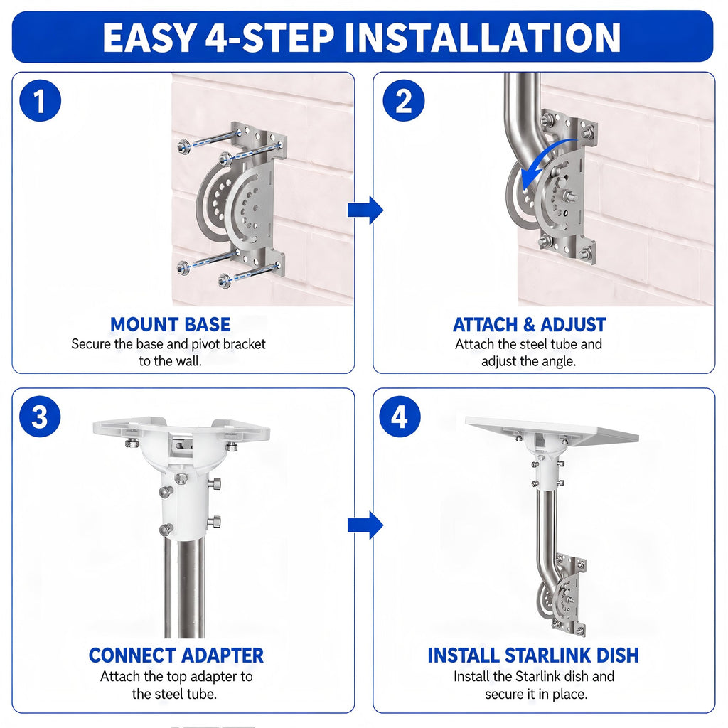 Starlink Mini Wall Mount – 265 mm Stainless Steel J-Pole with White Multi-Angle Ball Joint Adapter