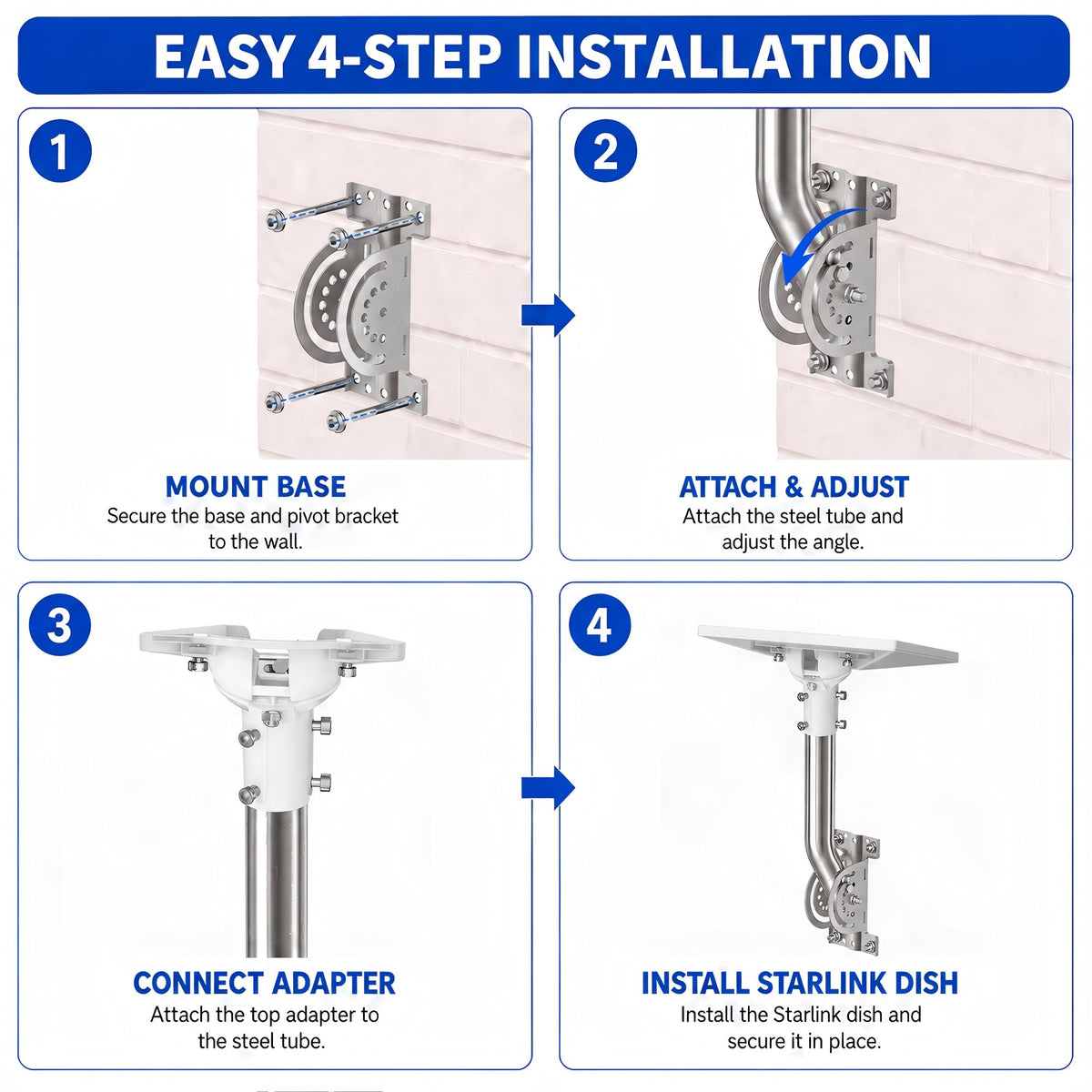 Starlink Mini Wall Mount – 265 mm Stainless Steel J-Pole with White Multi-Angle Ball Joint Adapter