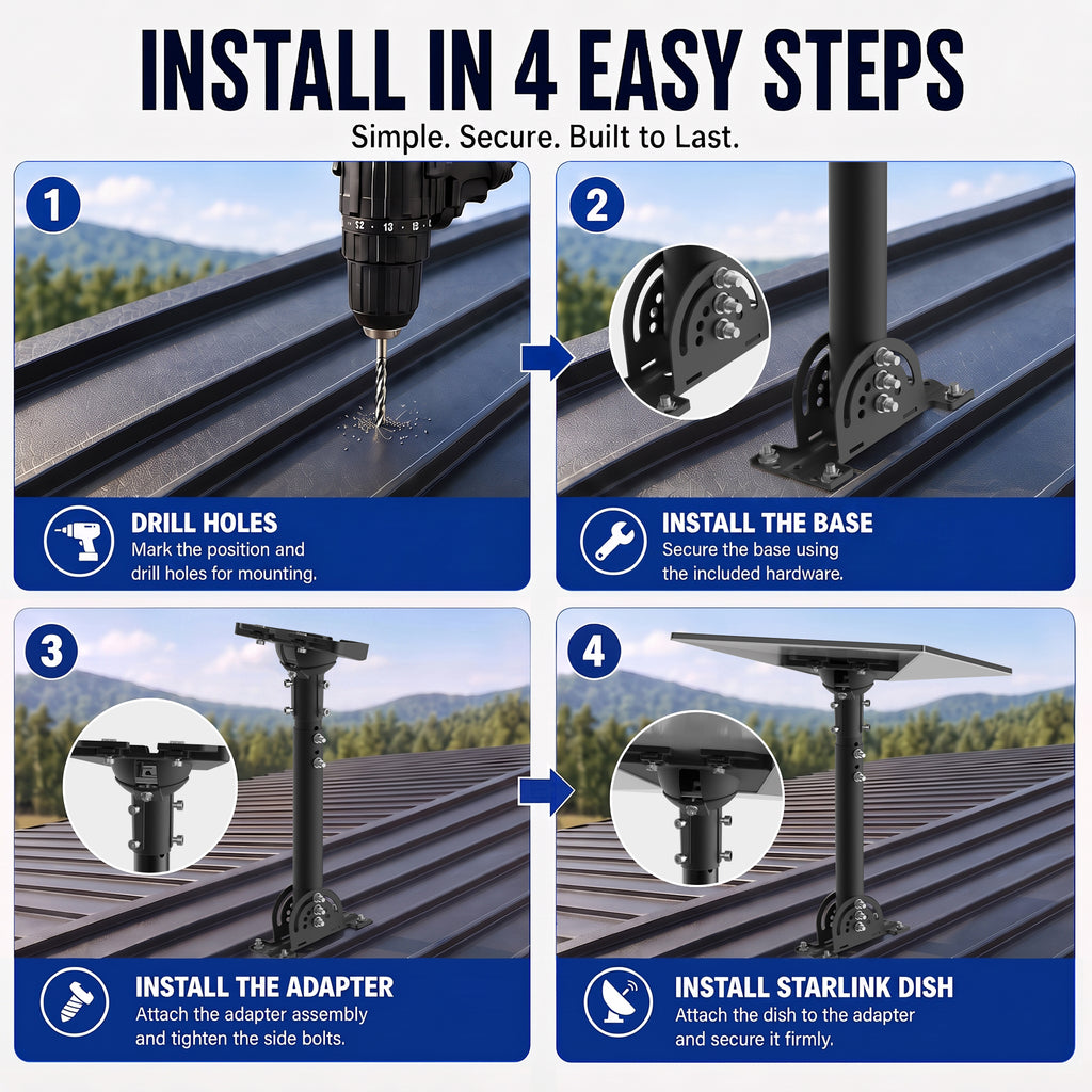 Starlink Gen 3 / Standard 4 / 4X / Enterprise Telescopic Roof Mount – Black Height-Adjustable Pole with Aluminum Ball Joint Adapter