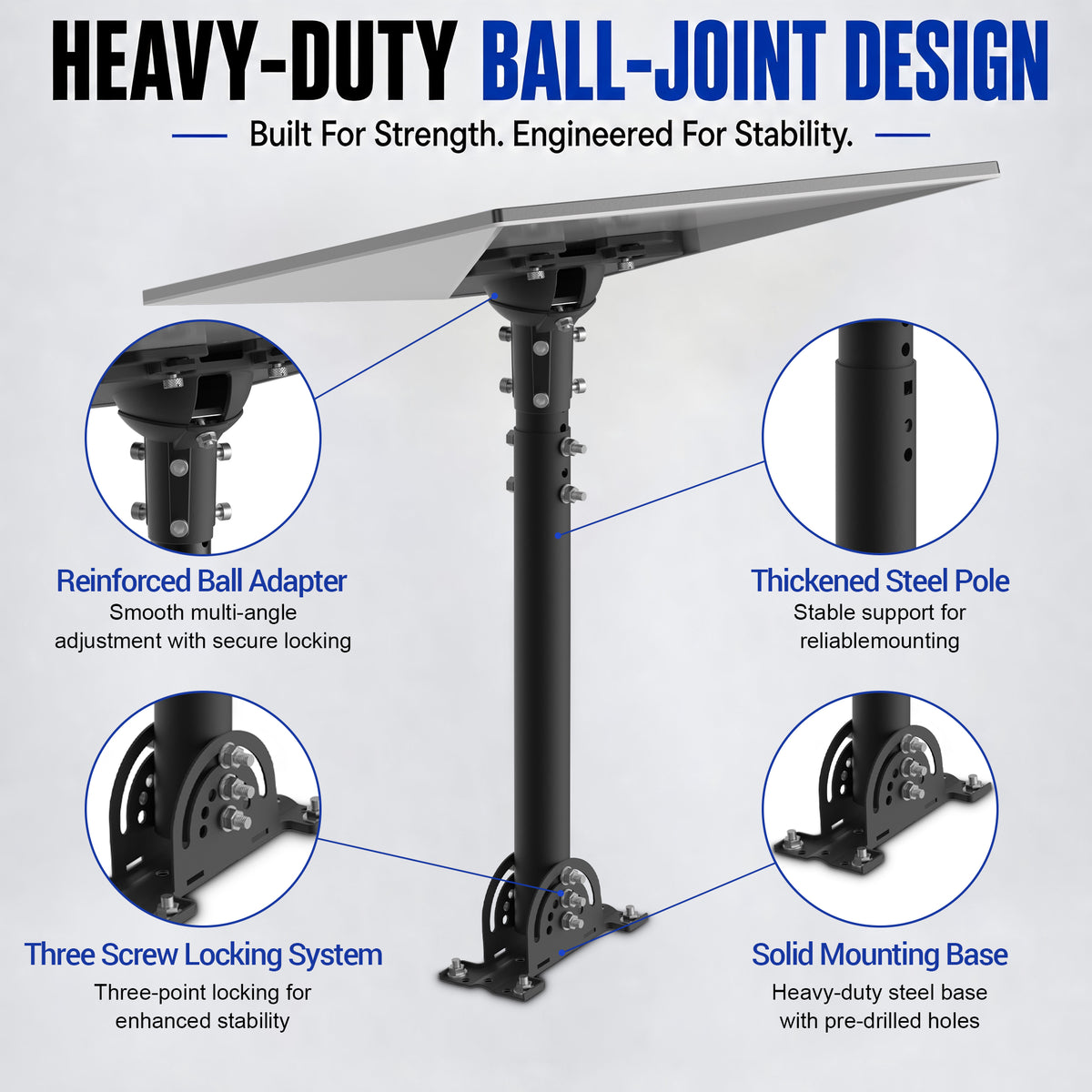 Starlink Gen 3 / Standard 4 / 4X / Enterprise Telescopic Roof Mount – Black Height-Adjustable Pole with Aluminum Ball Joint Adapter