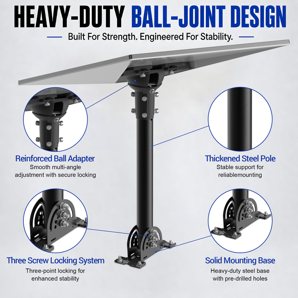 Starlink Gen 3 Roof Mount – For Standard 4 / 4X / Enterprise Dishes Black Iron Pole with Aluminum Ball Joint Adapter