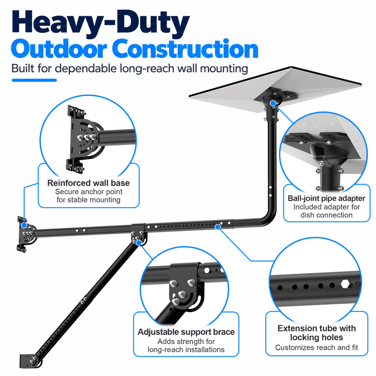 Starlink Gen 3 Long Eave Mount – Black Extendable Straight Pole with Support Brace & Ball Joint Adapter