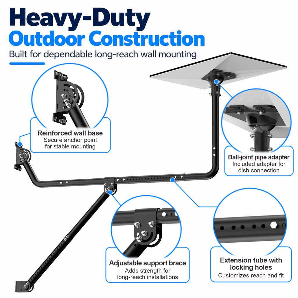 Starlink Gen 3 Long Eave Mount – Extendable Black Pole with Support Brace & Multi-Angle Ball Joint Adapter