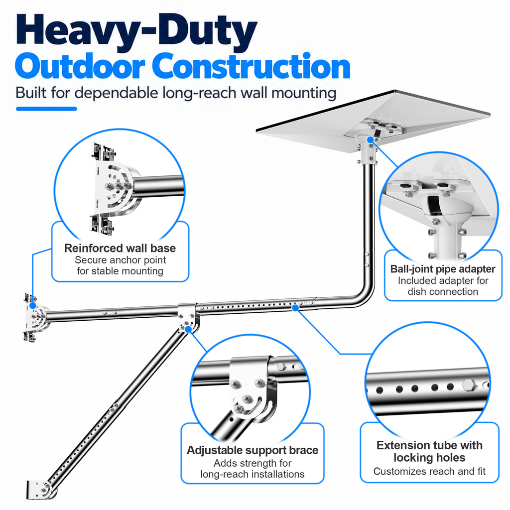 Starlink Gen 3 Long Eave Mount – Stainless Steel Straight Pole with Support Brace & Ball Joint Adapter