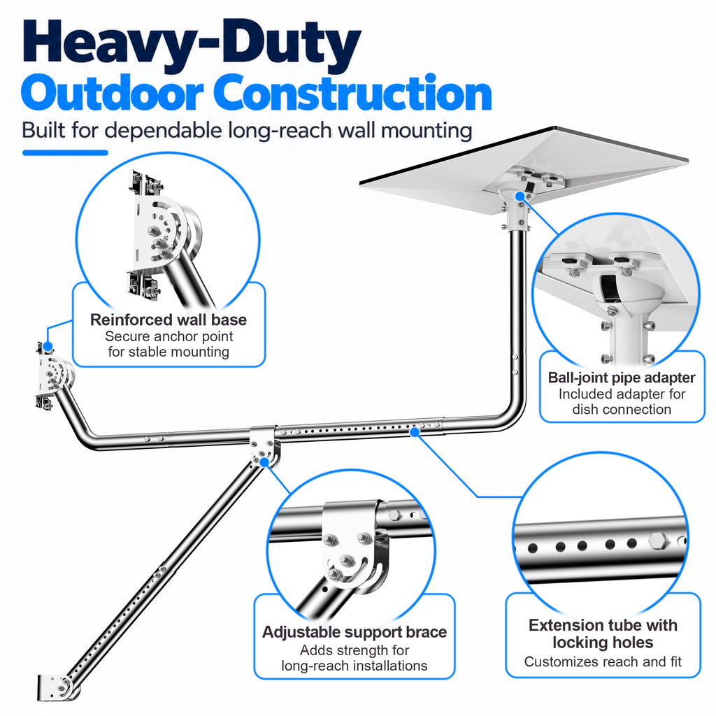 Starlink Gen 3 Long Eave Mount – Stainless Steel Extendable Pole with Support Brace & Ball Joint Adapter