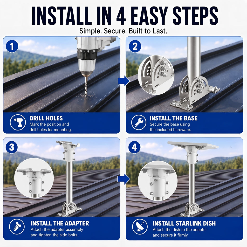 Starlink Mini Roof Mount – 290 mm Stainless Steel Pole with White Multi-Angle Ball Joint Adapter