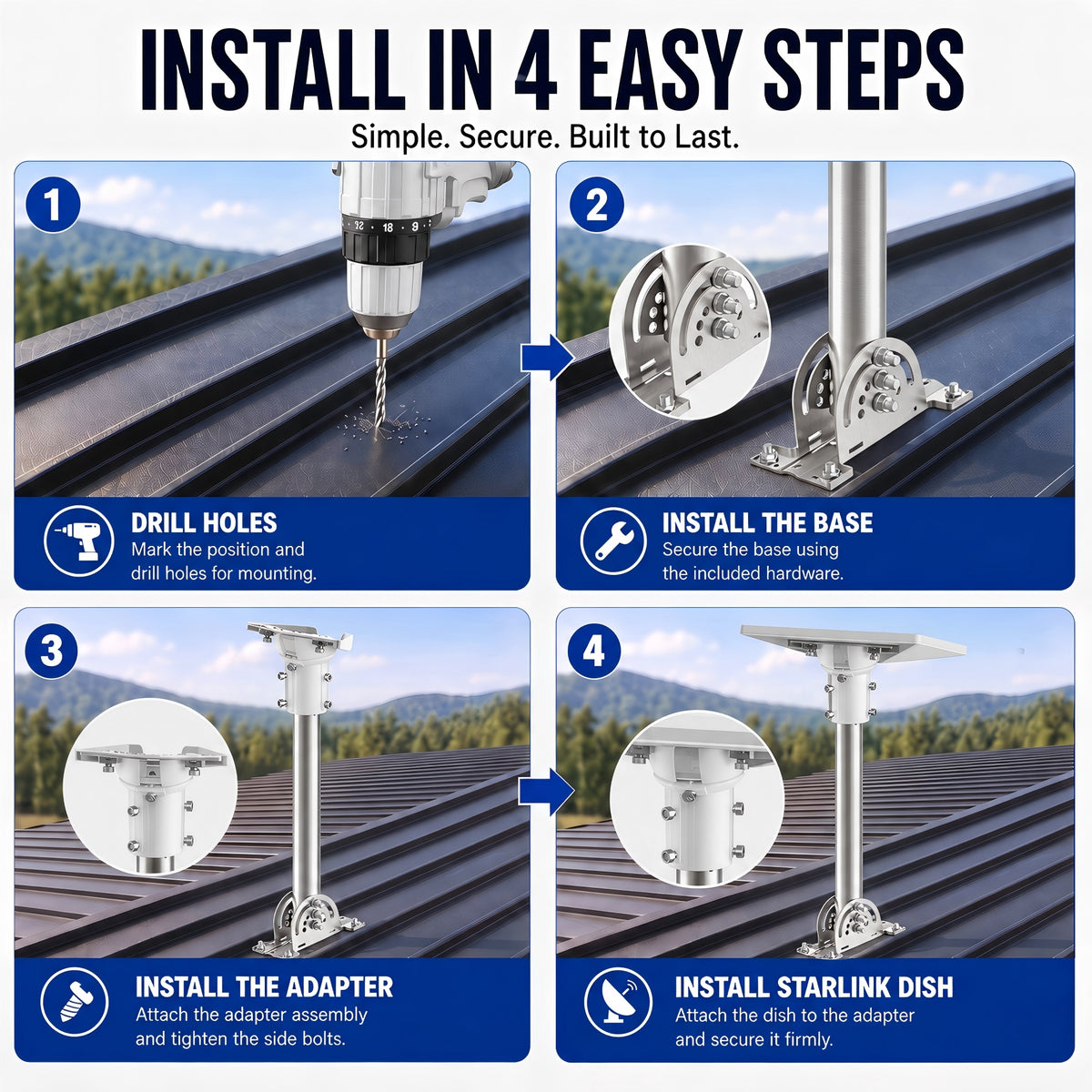 Starlink Mini Roof Mount – 290 mm Stainless Steel Pole with White Multi-Angle Ball Joint Adapter