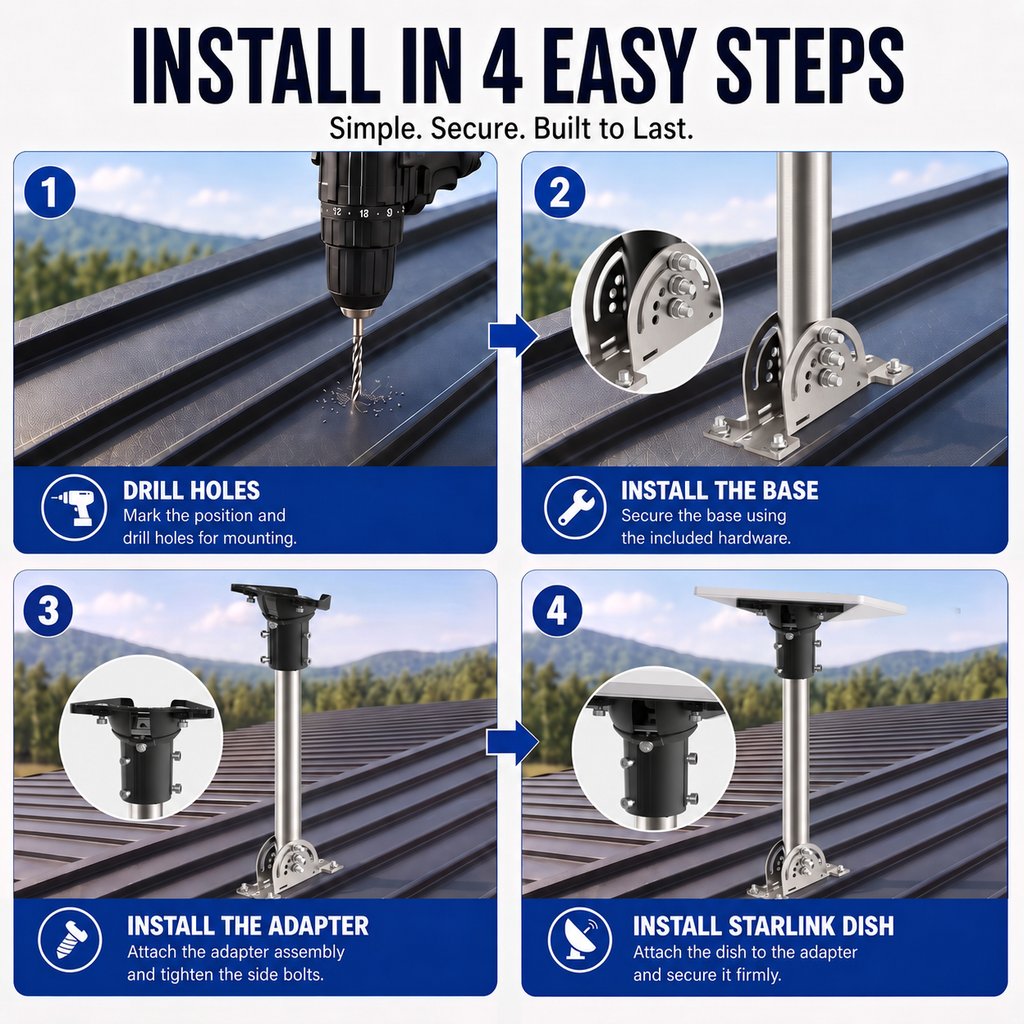 Starlink Mini Roof Mount – 290 mm Stainless Steel Pole with Black Multi-Angle Ball Joint Adapter