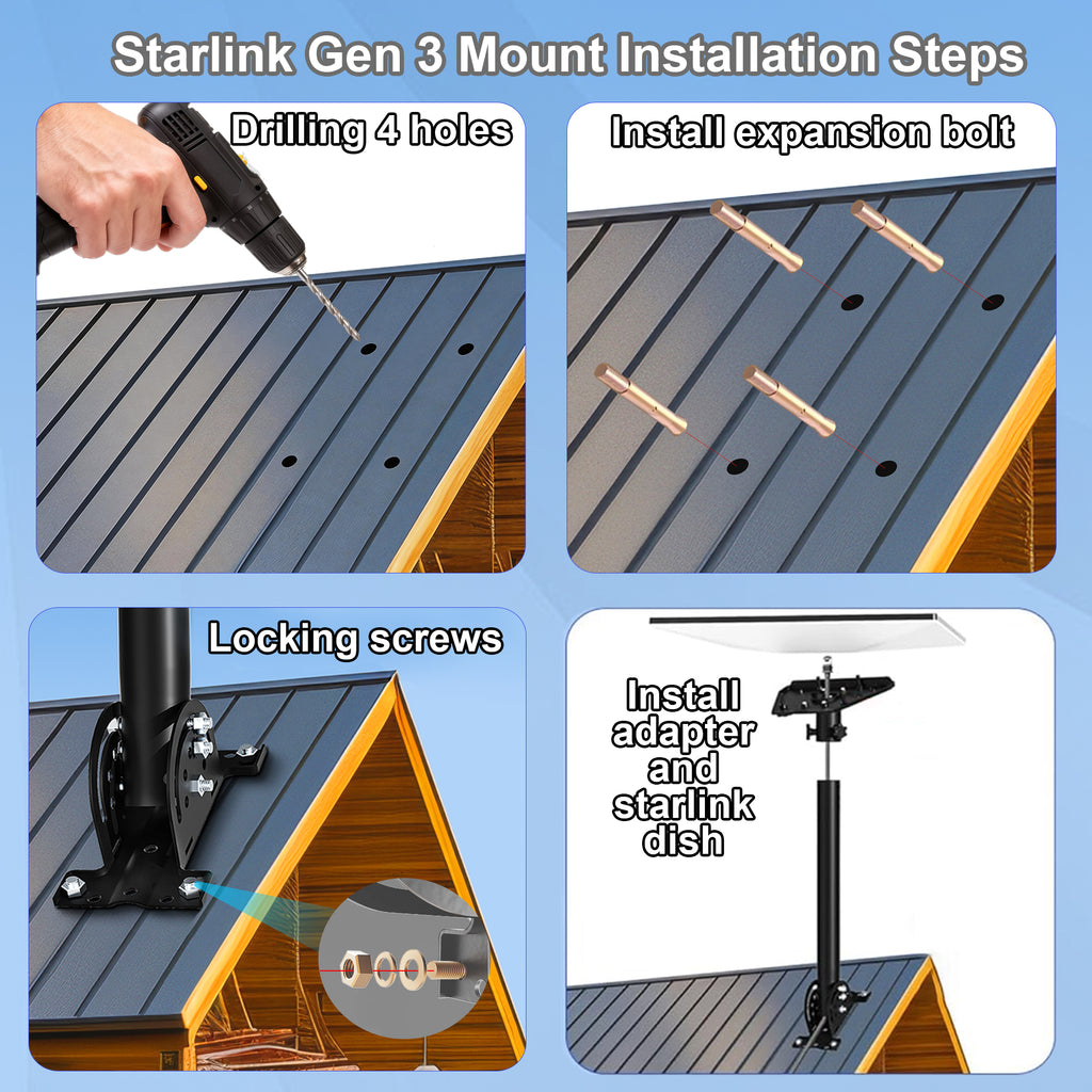 Starlink Gen 3 Roof Mount – 290 mm Black Powder-Coated Pole with 160° Adjustable Adapter