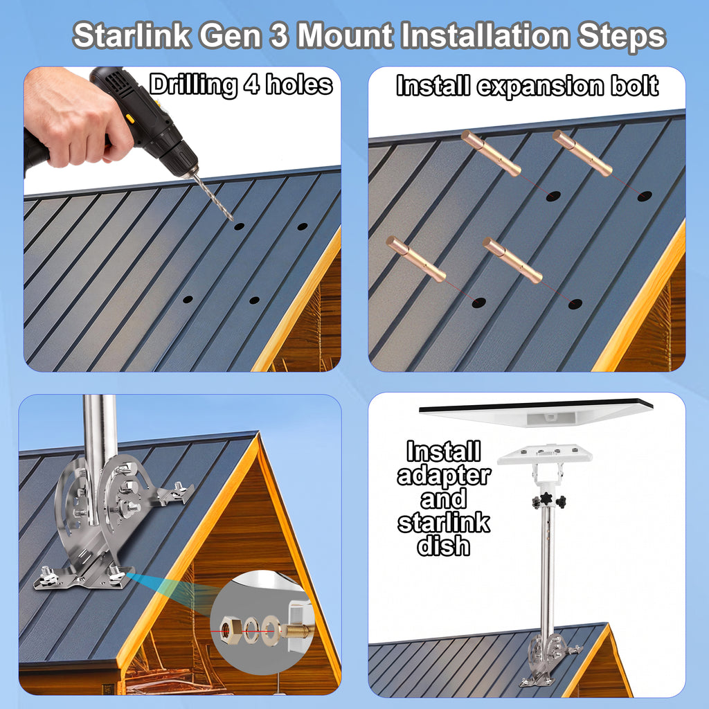 Starlink Gen 3 Roof Mount – 290 mm Stainless Steel Pole with White 160° Adjustable Adapter