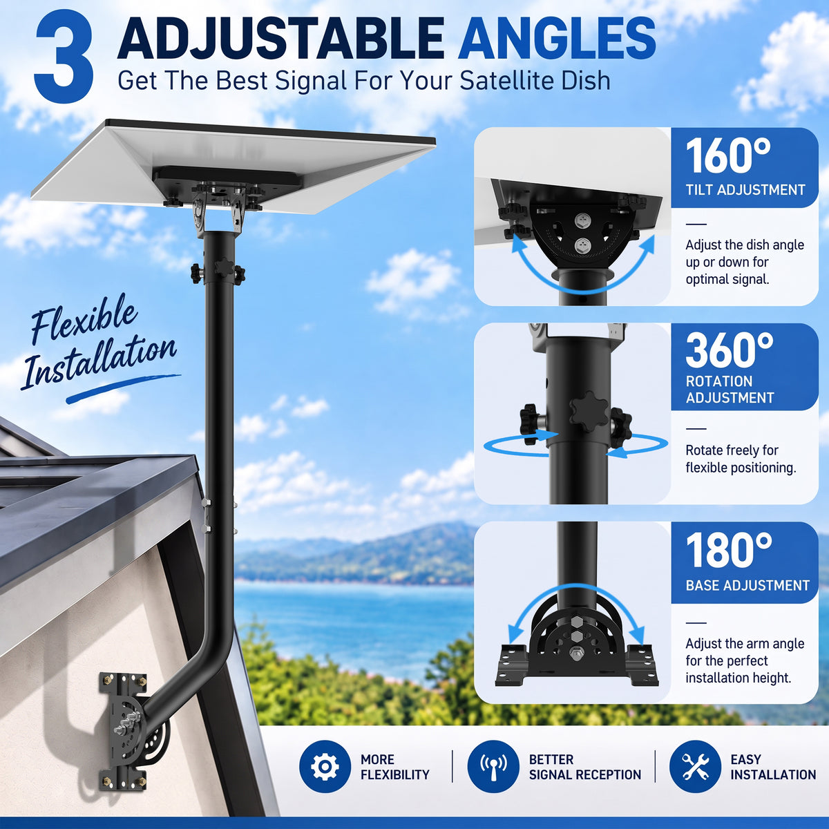 Starlink Gen 3 28" Wall & Eave Mount – Black Curved Pole with Extension & Adjustable Tilt Adapter