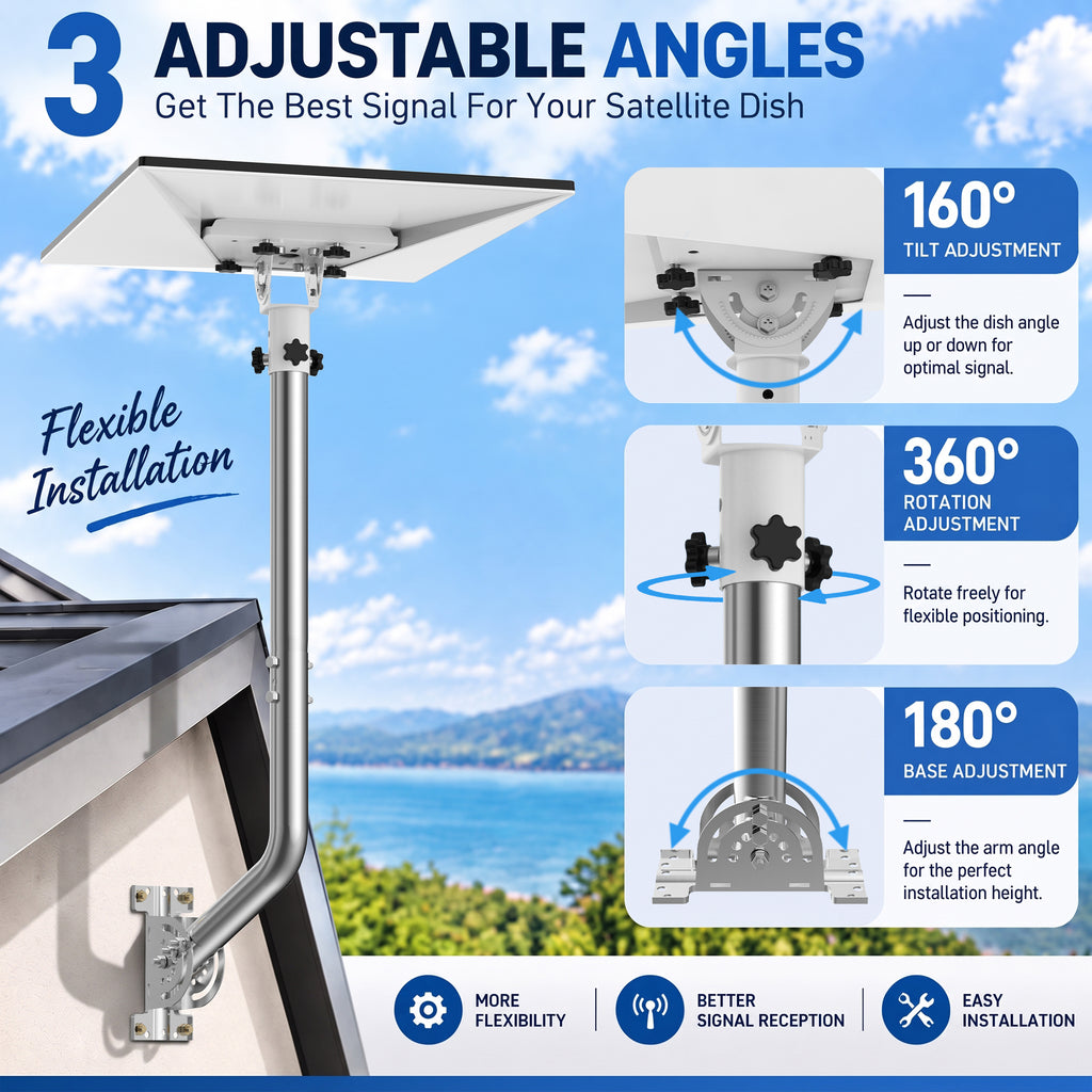 Starlink Gen 3 28" Wall & Eave Mount – Stainless Steel Extension Pole with White Adjustable Tilt Adapter