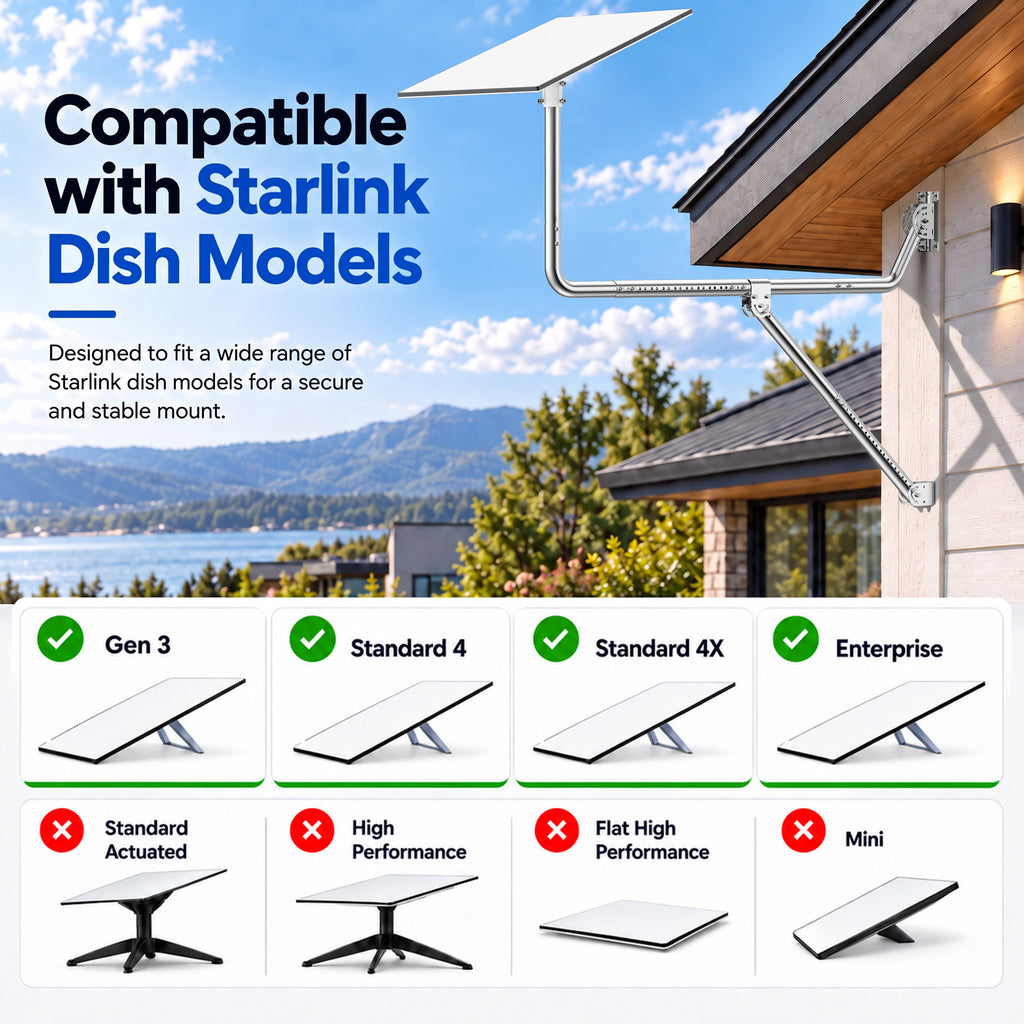 Starlink Gen 3 Long Eave Mount – Stainless Steel Extendable Pole with Support Brace & Ball Joint Adapter
