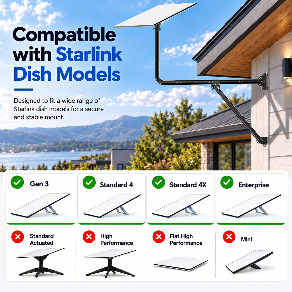 Starlink Gen 3 Long Eave Mount – Black Extendable Straight Pole with Support Brace & Ball Joint Adapter