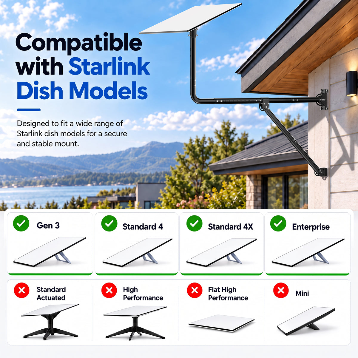 Starlink Gen 3 Long Eave Mount – Black Extendable Straight Pole with Support Brace & Ball Joint Adapter