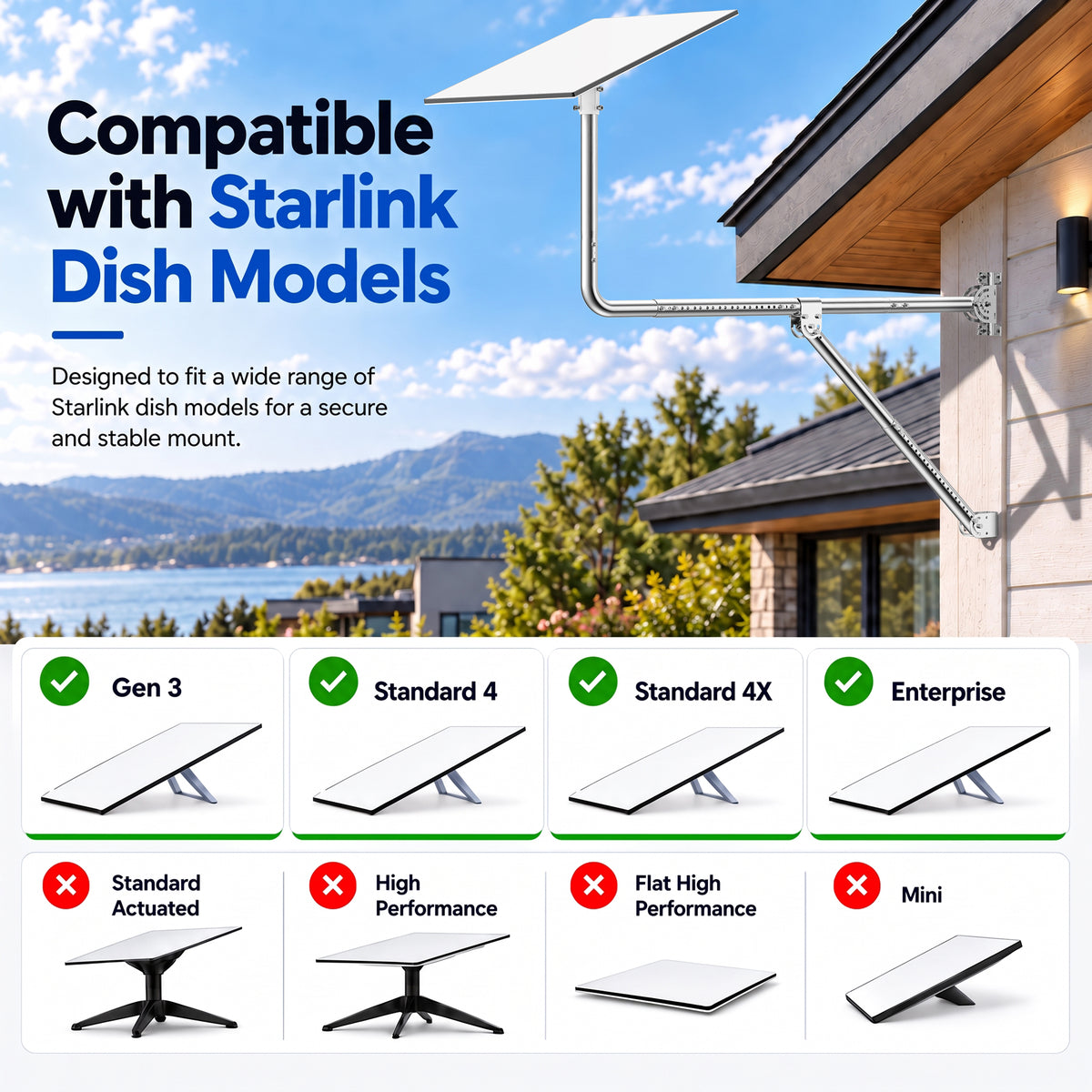 Starlink Gen 3 Long Eave Mount – Stainless Steel Straight Pole with Support Brace & Ball Joint Adapter