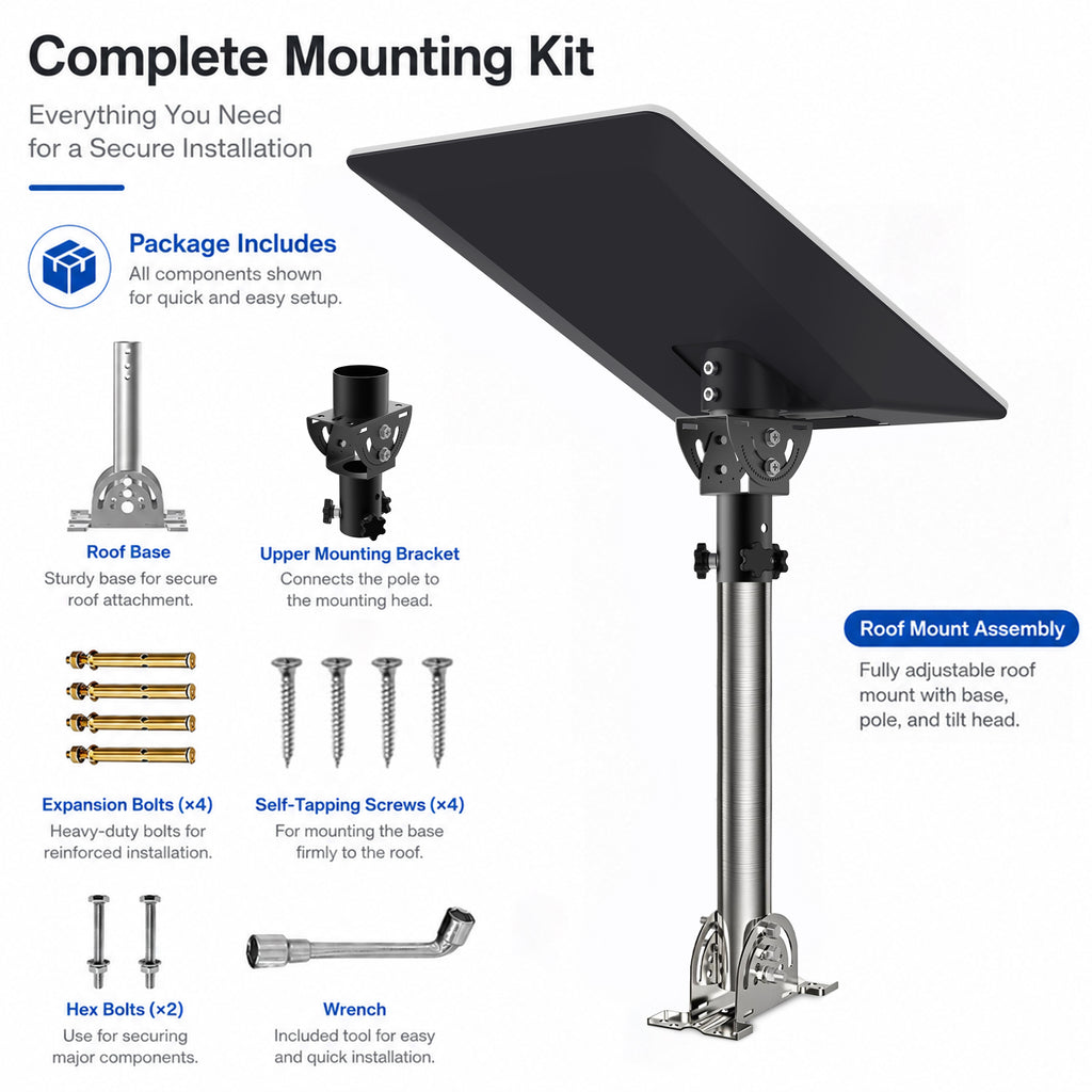 Starlink V5 / Gen 5 Roof Mount – 290 mm Adjustable Black Iron Pole, Works with Original V5 Pipe Adapter