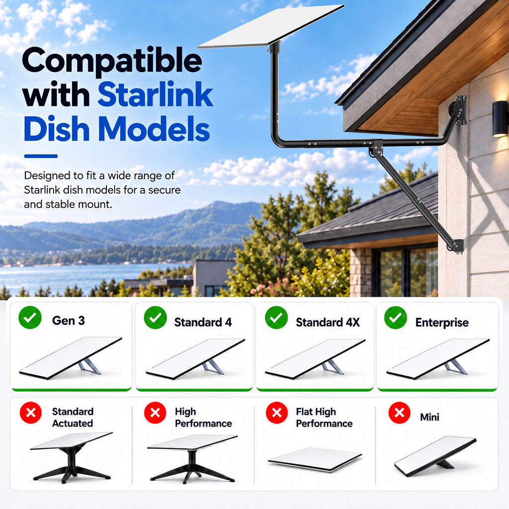 Starlink Gen 3 Long Eave Mount – Extendable Black Pole with Support Brace & Multi-Angle Ball Joint Adapter