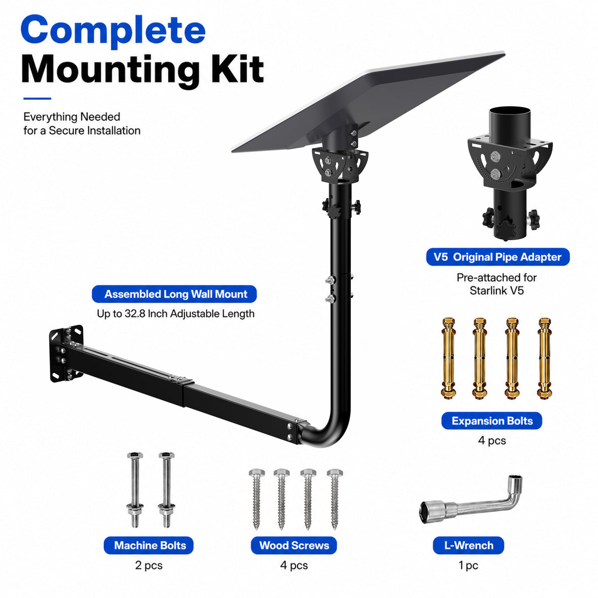 Starlink V5 / Gen 5 Long Wall Mount – Adjustable 32.8" Extension, Works with Original V5 Pipe Adapter