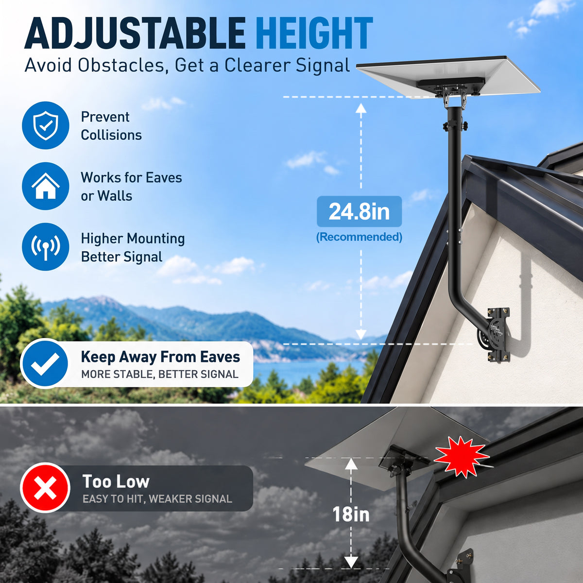 Starlink Gen 3 28" Wall & Eave Mount – Black Curved Pole with Extension & Adjustable Tilt Adapter