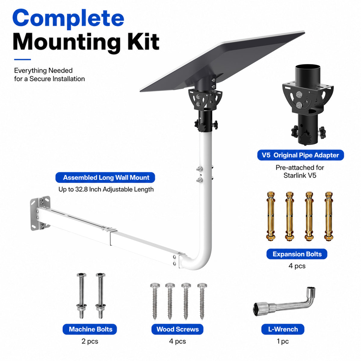 Starlink V5 / Gen 5 Long Wall Mount – White Base with Black Adapter, Adjustable 32.8" Extension, Works with Original V5 Pipe Adapter