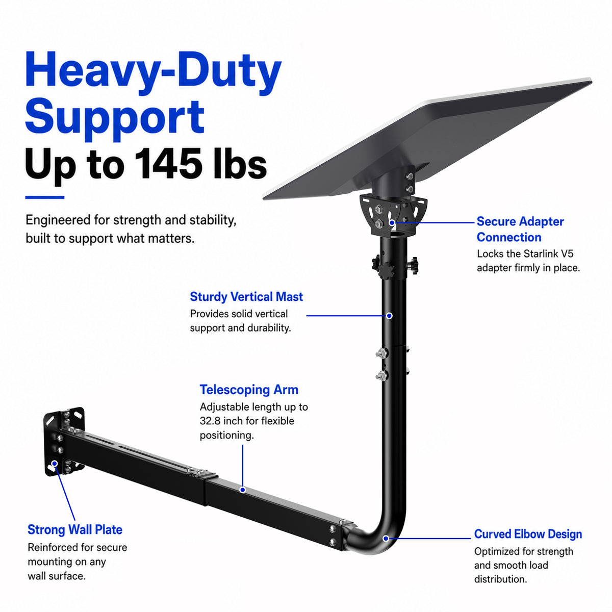 Starlink V5 / Gen 5 Long Wall Mount – Adjustable 32.8" Extension, Works with Original V5 Pipe Adapter