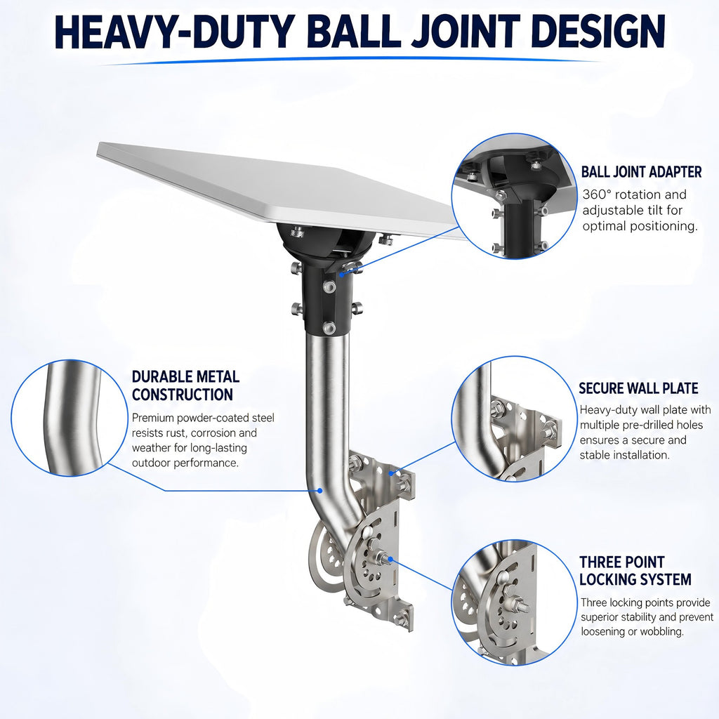 Starlink Mini Wall Mount – 265 mm Stainless Steel Pole with Black Multi-Angle Ball Joint Adapter