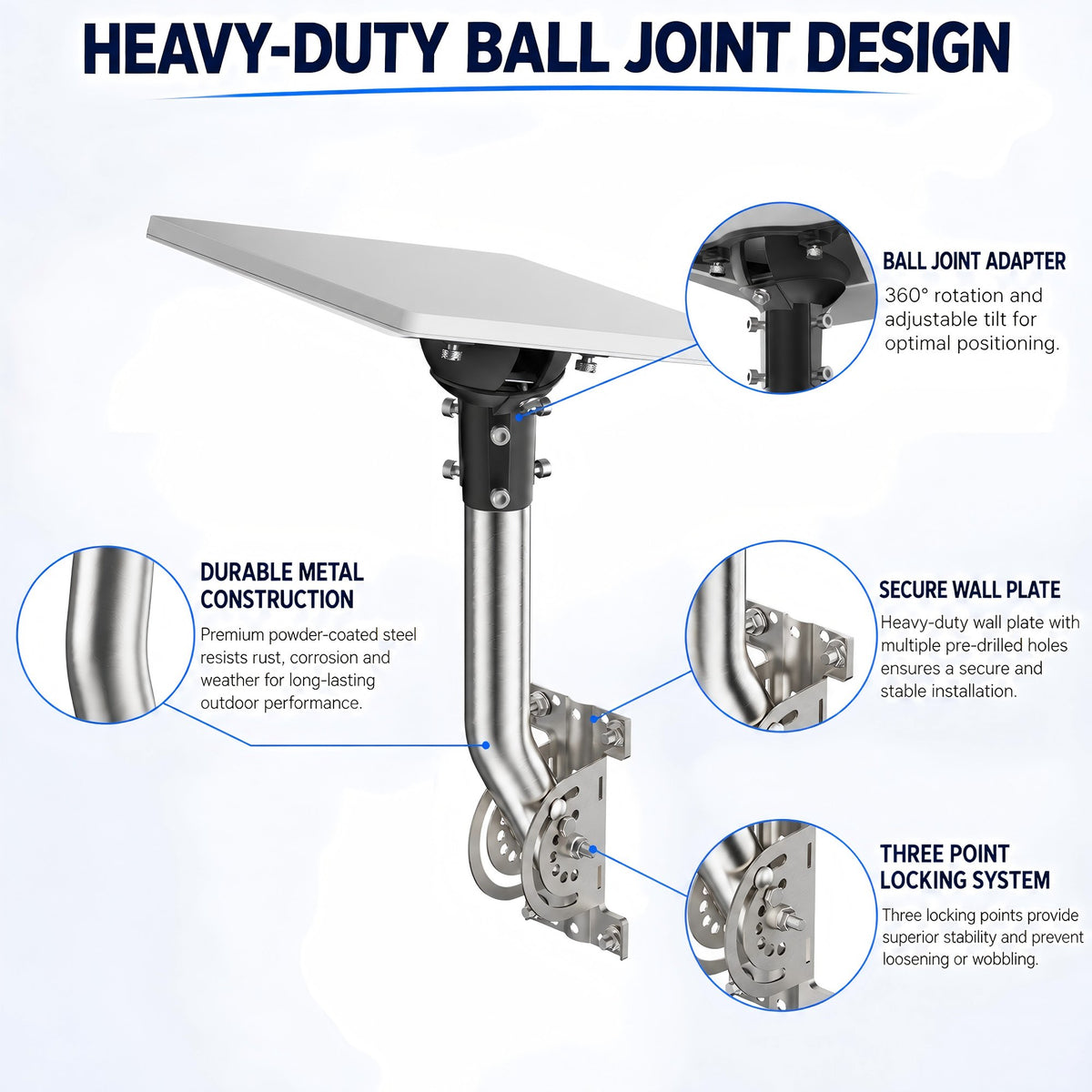 Starlink Mini Wall Mount – 265 mm Stainless Steel Pole with Black Multi-Angle Ball Joint Adapter