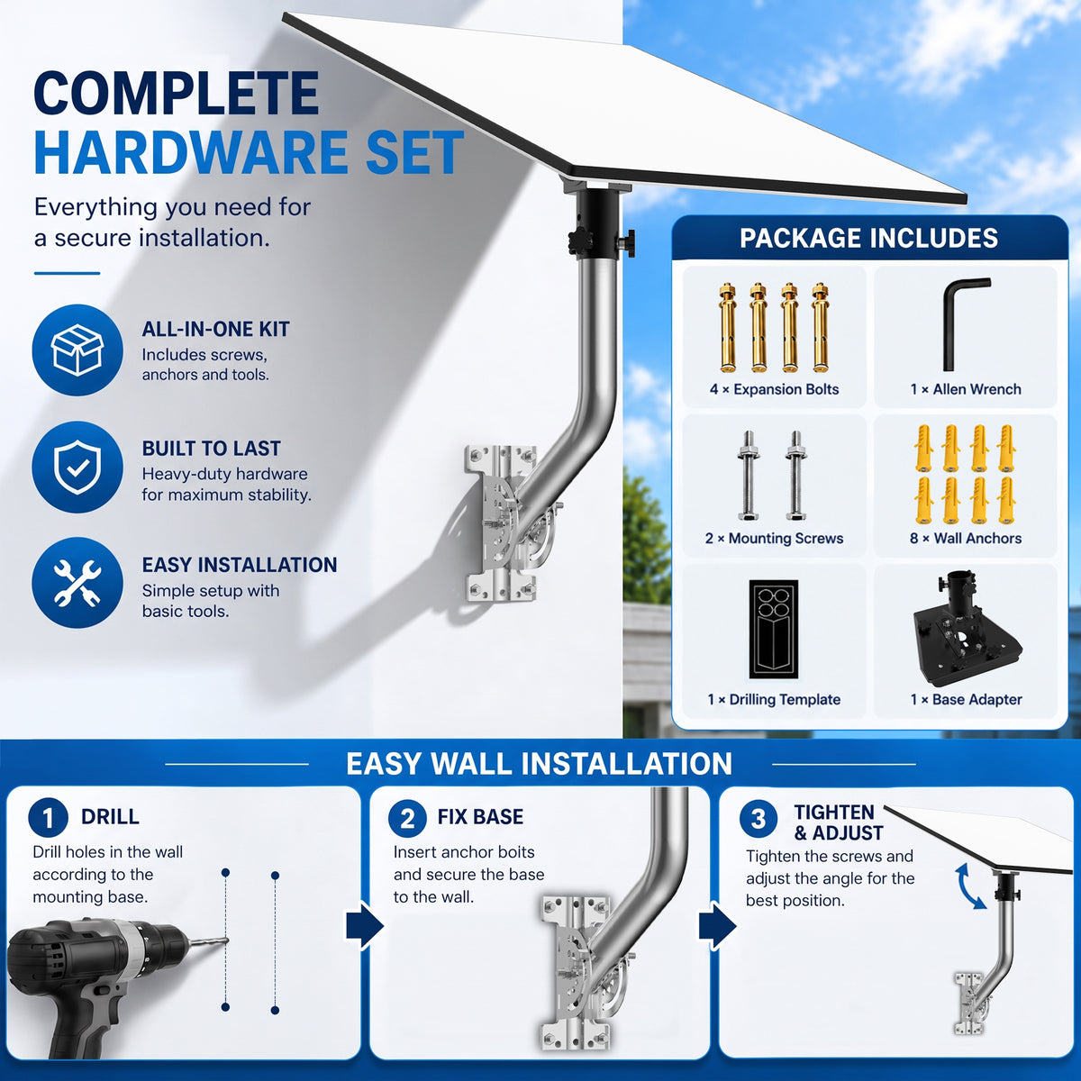 Starlink Gen 3 Wall & Eave Mount – 300 mm Stainless Steel Pole with Adjustable Tilt Adapter