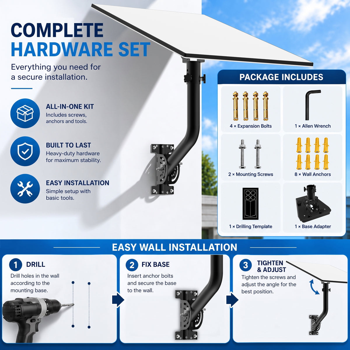 Starlink Gen 3 / Standard 4 / 4X / Enterprise Wall & Eave Mount – 300 mm Black Iron Curved Pole with Adjustable Tilt Adapter