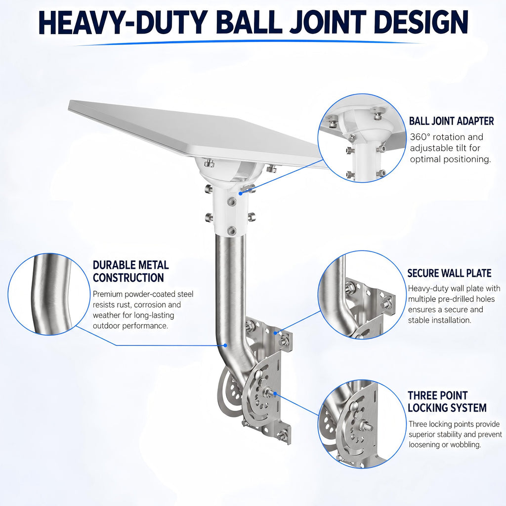 Starlink Mini Wall Mount – 265 mm Stainless Steel J-Pole with White Multi-Angle Ball Joint Adapter