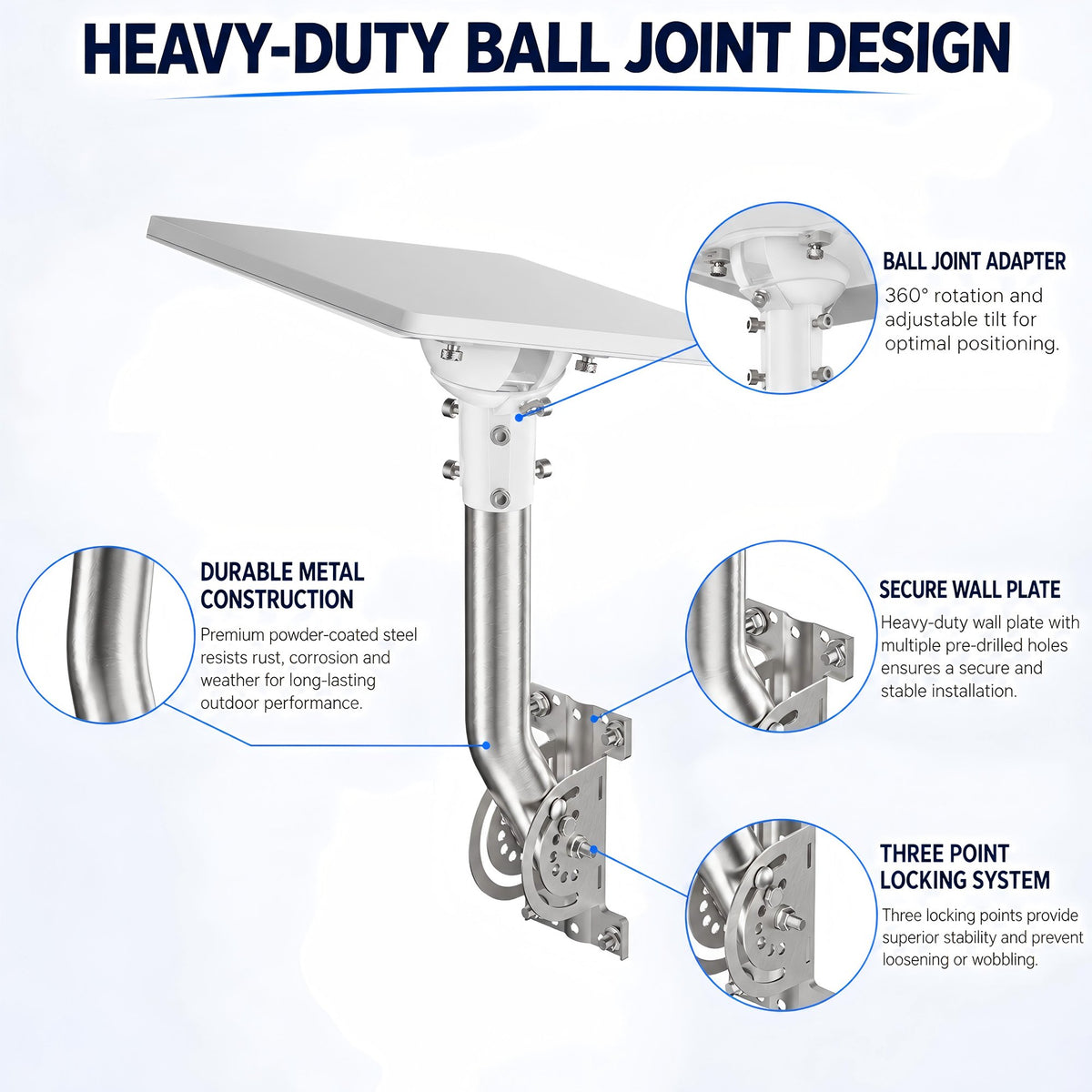 Starlink Mini Wall Mount – 265 mm Stainless Steel J-Pole with White Multi-Angle Ball Joint Adapter