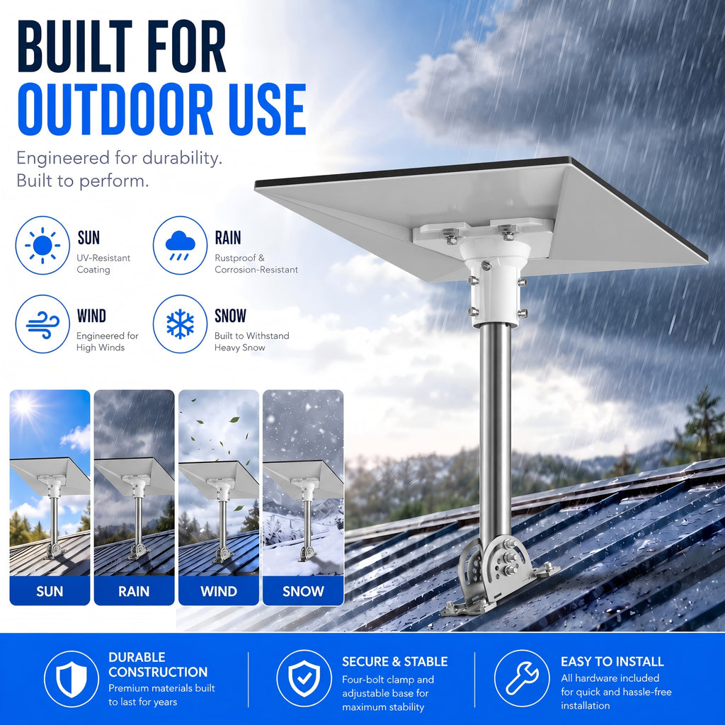 Starlink Gen 3 Roof Mount – 430 Stainless Steel Pole with White Multi-Angle Ball Joint Adapter