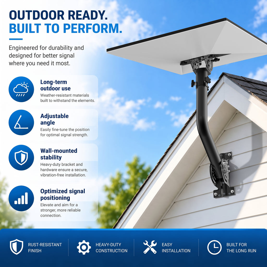 Starlink Gen 3 / Standard 4 / 4X / Enterprise Wall & Eave Mount – 300 mm Black Iron Curved Pole with Adjustable Tilt Adapter
