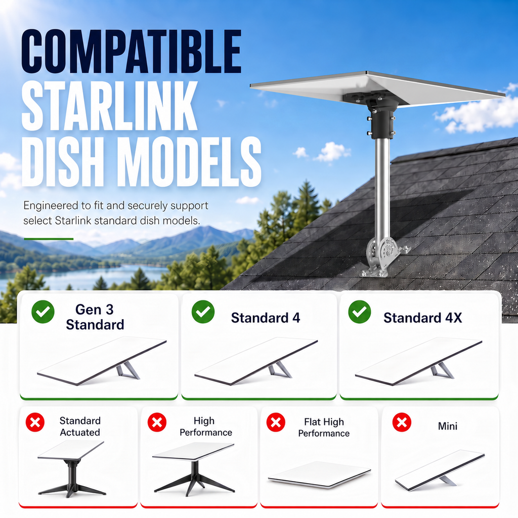 Starlink Gen 3 / Standard 4 / 4X / Enterprise Roof Mount – 430 Stainless Steel Pole with Black Aluminum Ball Joint Adapter