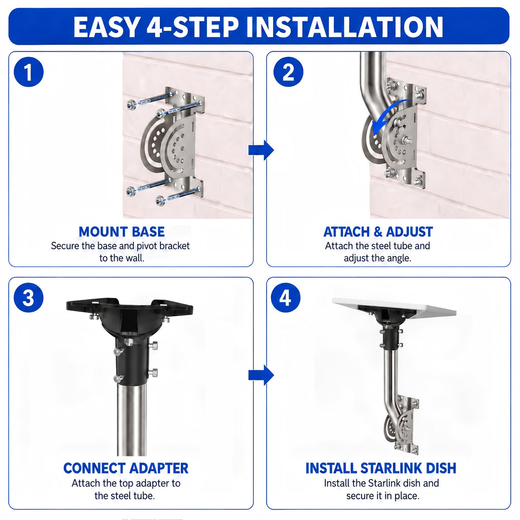 Starlink Mini Wall Mount – 265 mm Stainless Steel Pole with Black Multi-Angle Ball Joint Adapter