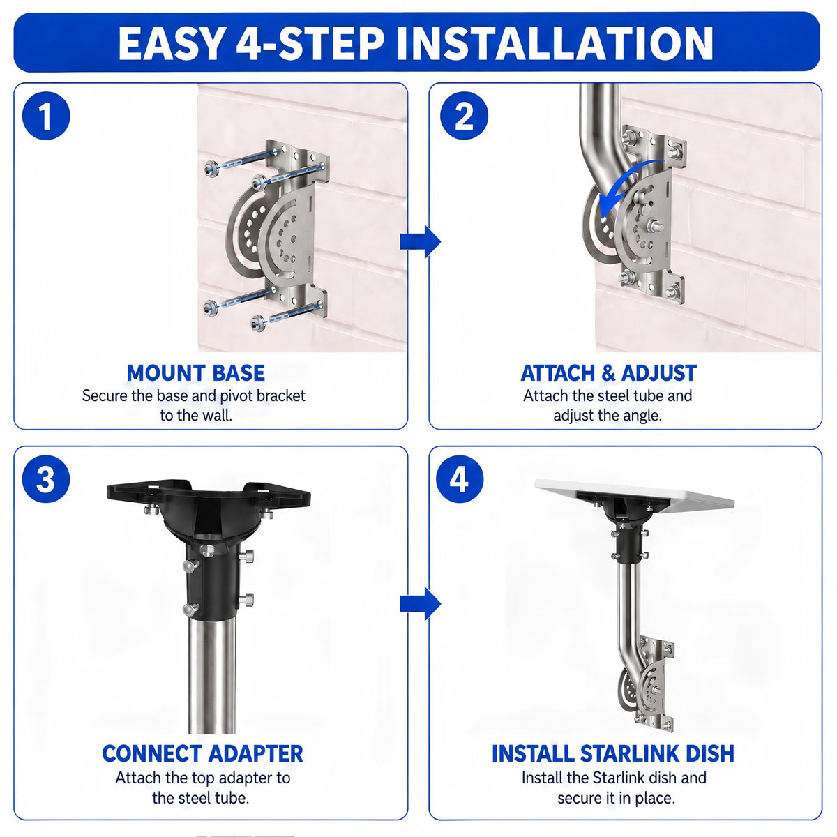 Starlink Mini Wall Mount – 265 mm Stainless Steel Pole with Black Multi-Angle Ball Joint Adapter
