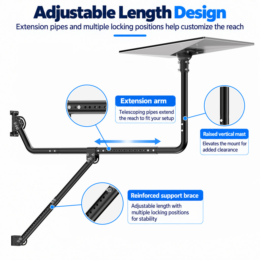 Starlink Gen 3 Long Eave Mount – Extendable Black Pole with Support Brace & Multi-Angle Ball Joint Adapter