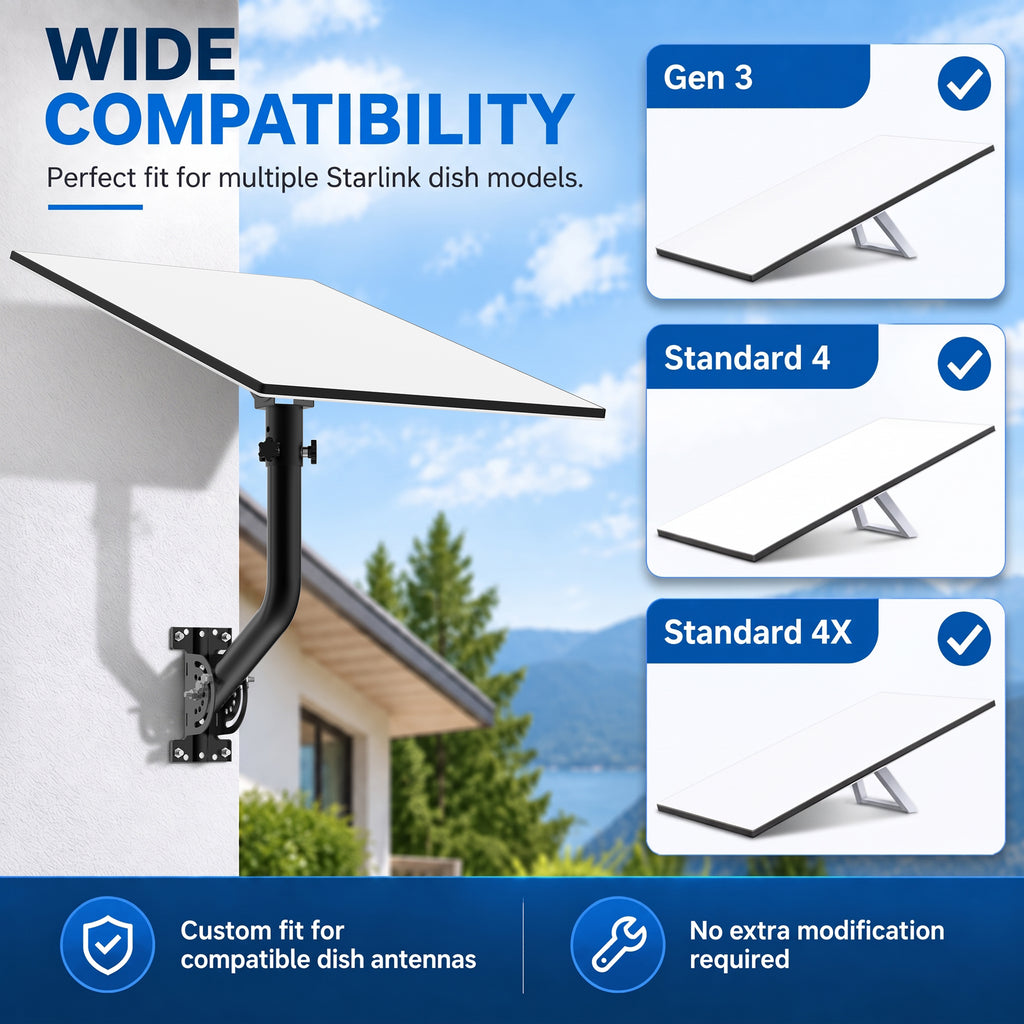 Starlink Gen 3 / Standard 4 / 4X / Enterprise Wall & Eave Mount – 300 mm Black Iron Curved Pole with Adjustable Tilt Adapter
