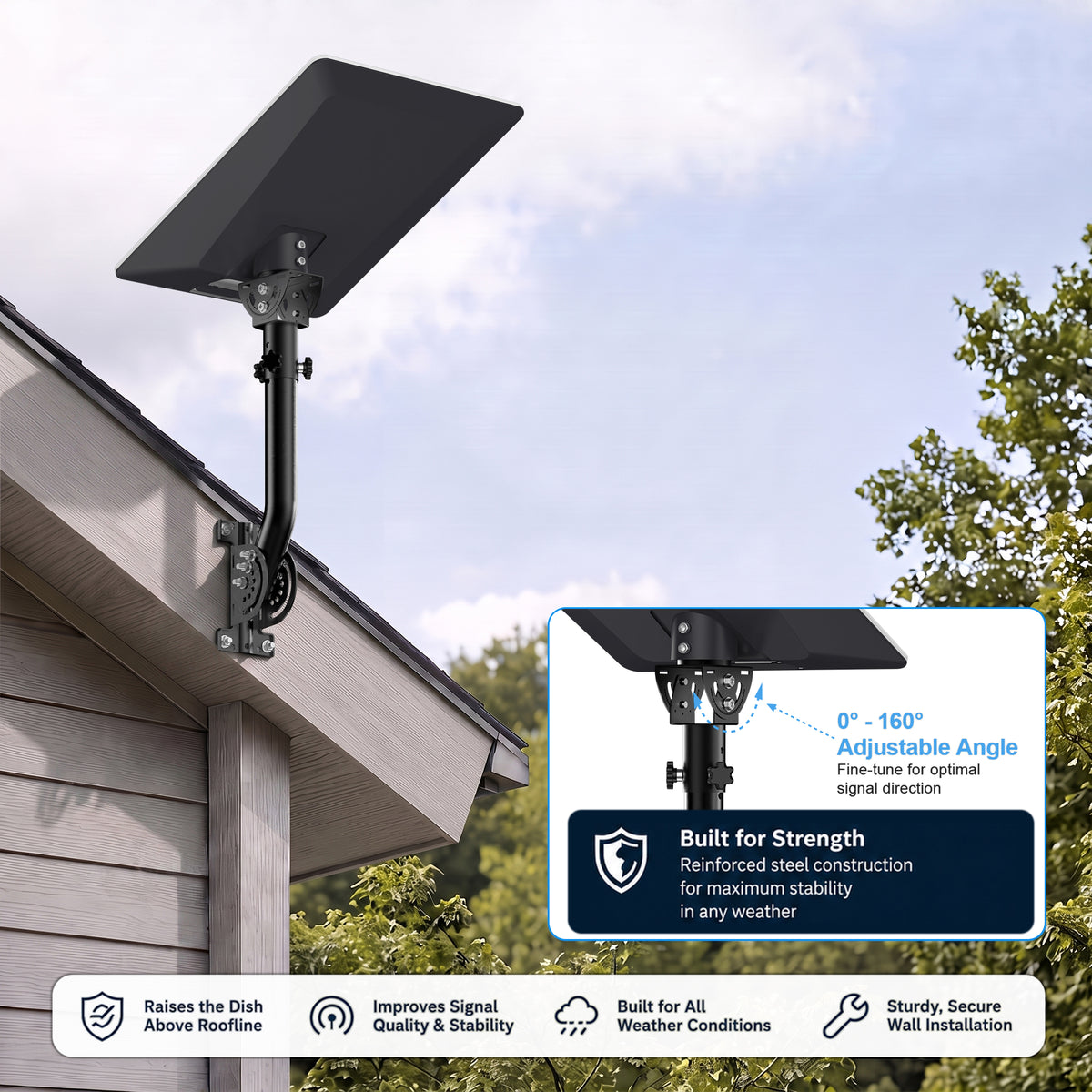 Starlink V5 / Gen 5 Wall & Eave Mount – Compact Black Iron Pole, Works with Original V5 Pipe Adapter