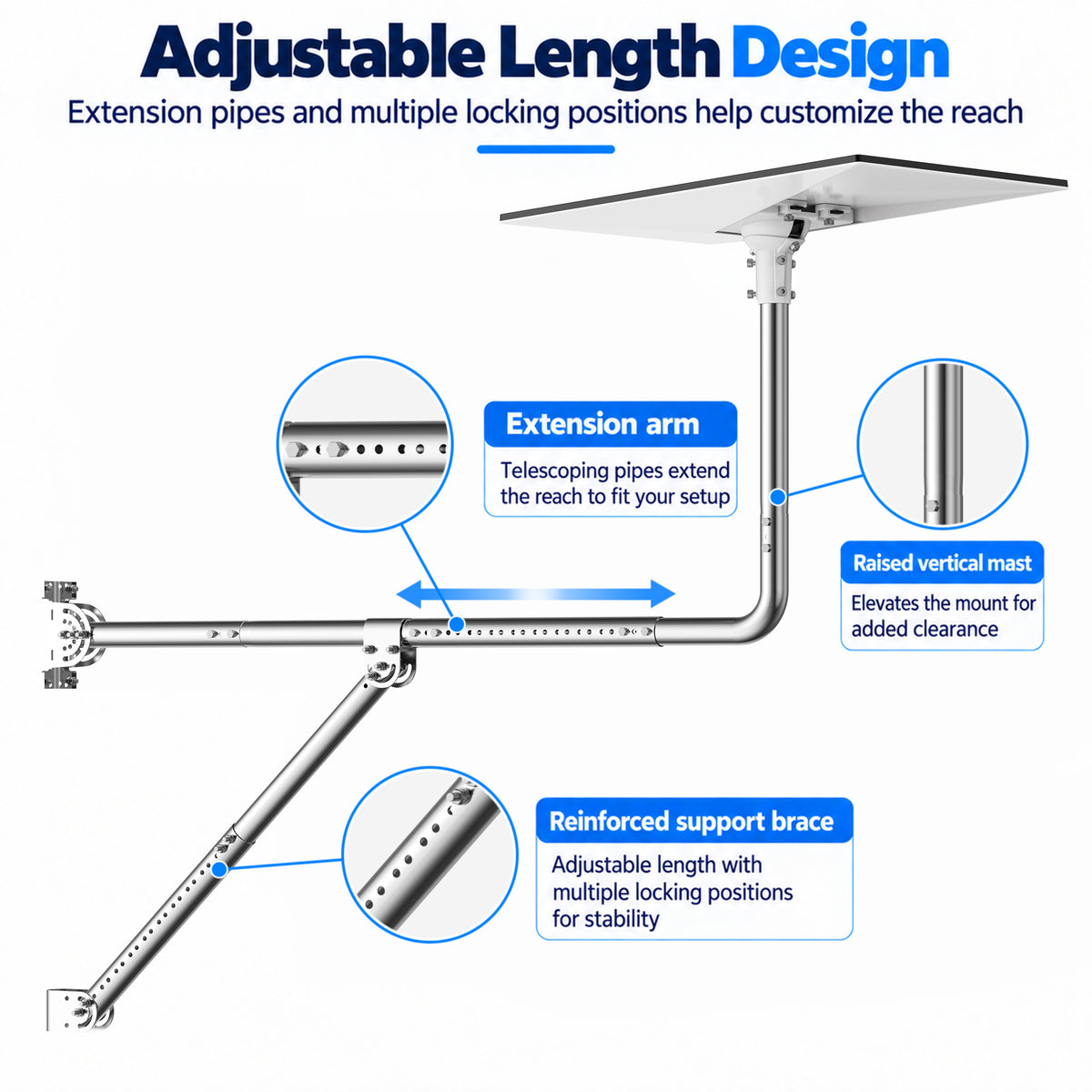 Starlink Gen 3 Long Eave Mount – Stainless Steel Straight Pole with Support Brace & Ball Joint Adapter