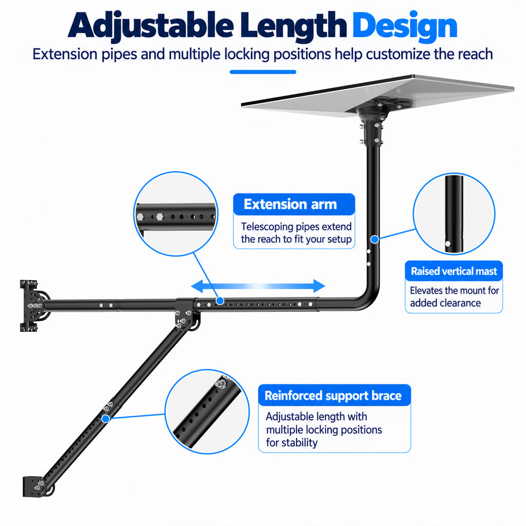 Starlink Gen 3 Long Eave Mount – Black Extendable Straight Pole with Support Brace & Ball Joint Adapter