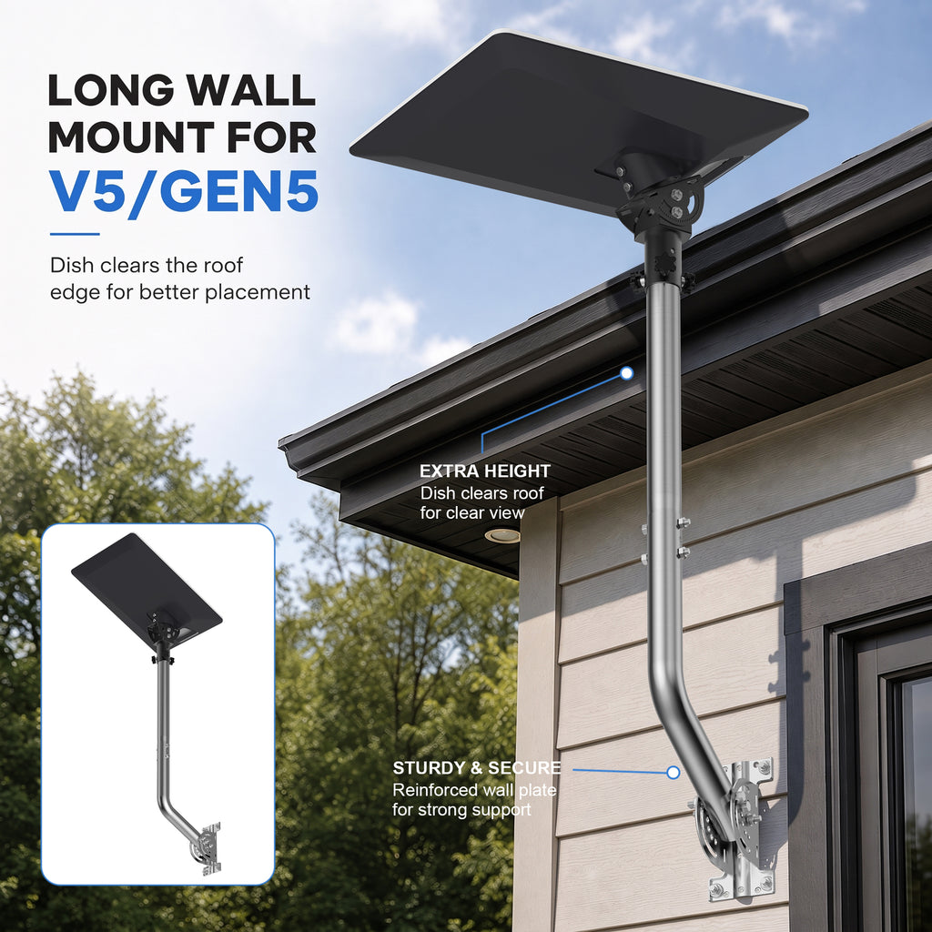 Starlink V5 / Gen 5 Long Wall Mount – Stainless Steel Extension Pole, 160° Adjustable, Works with Original V5 Pipe Adapter