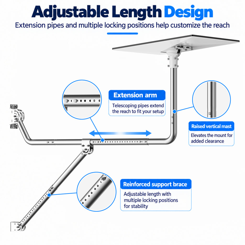 Starlink Gen 3 Long Eave Mount – Stainless Steel Extendable Pole with Support Brace & Ball Joint Adapter