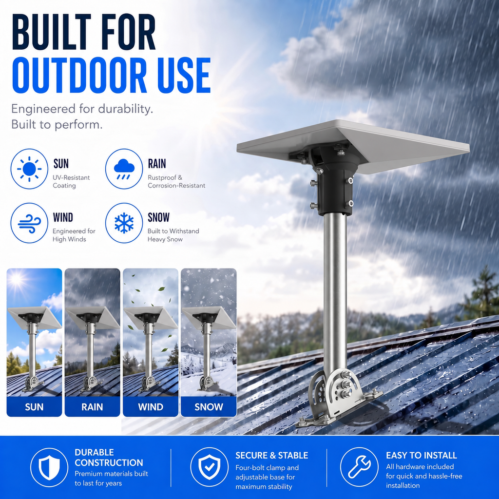 Starlink Mini Roof Mount – 290 mm Stainless Steel Pole with Black Multi-Angle Ball Joint Adapter